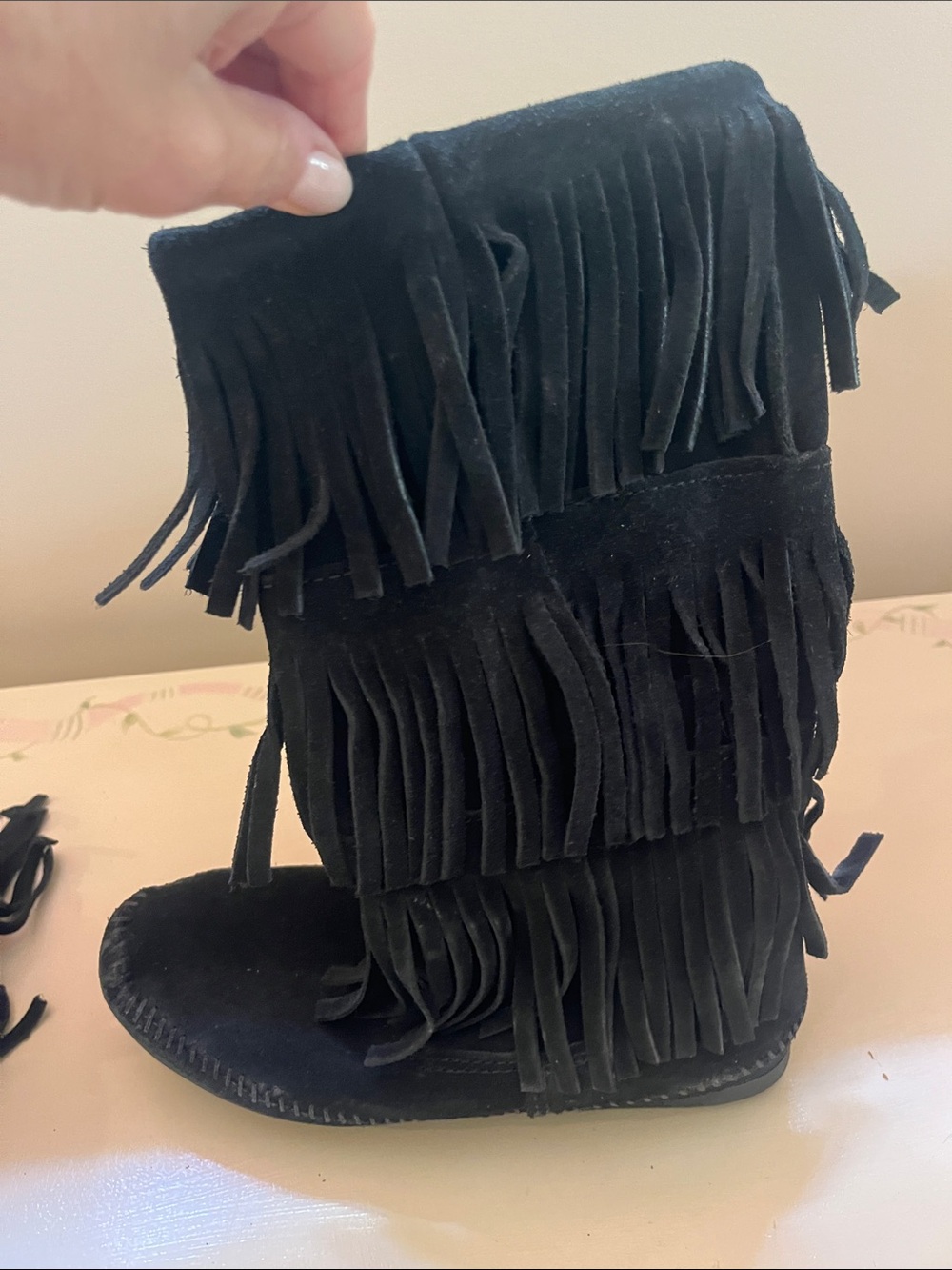 Minnetonka Black Suede Layered Fringe Moccasins - Picture 2 of 5